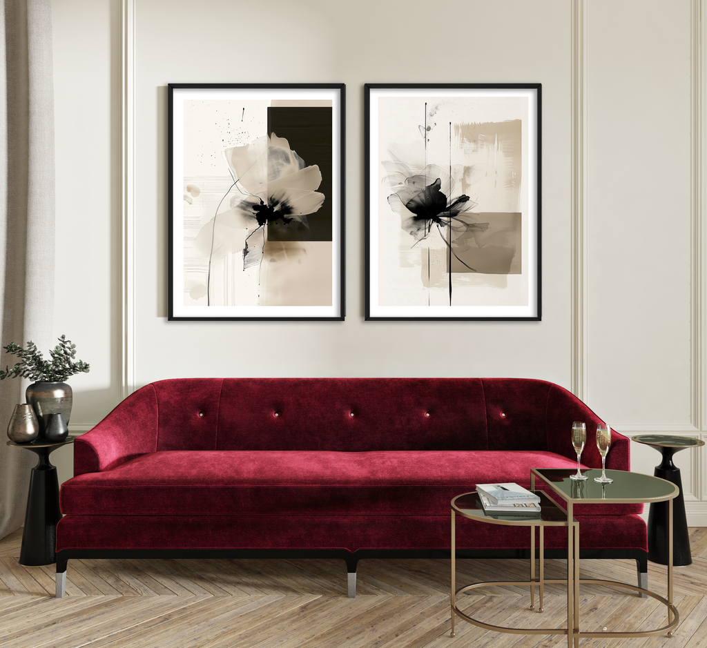 Modern Minimalist Çiçek Desenli Duvar Tablo Seti – Çerçeveli Dijital Baskı