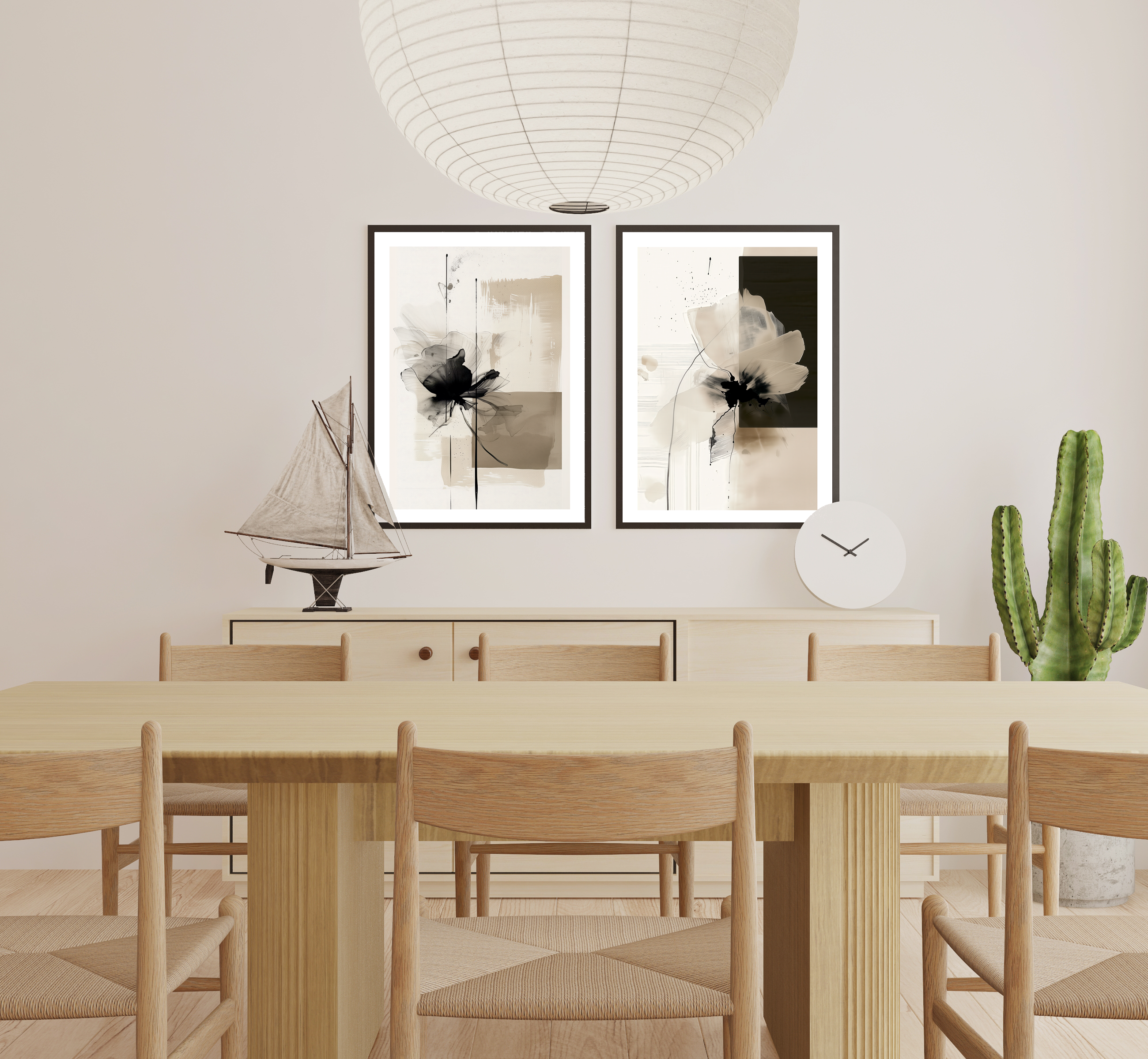 Modern Minimalist Çiçek Desenli Duvar Tablo Seti – Çerçeveli Dijital Baskı