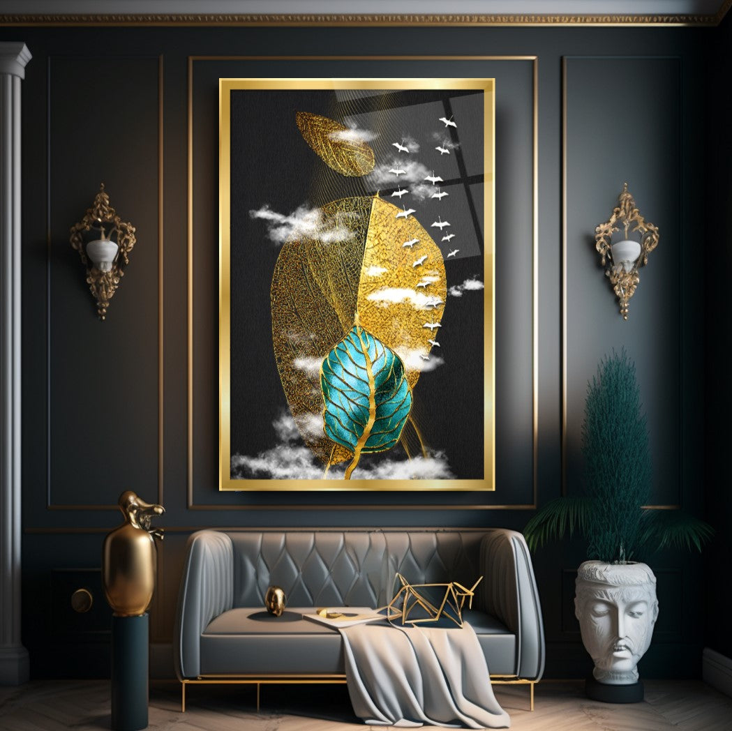 Gold Yapraklar Cam Tablo