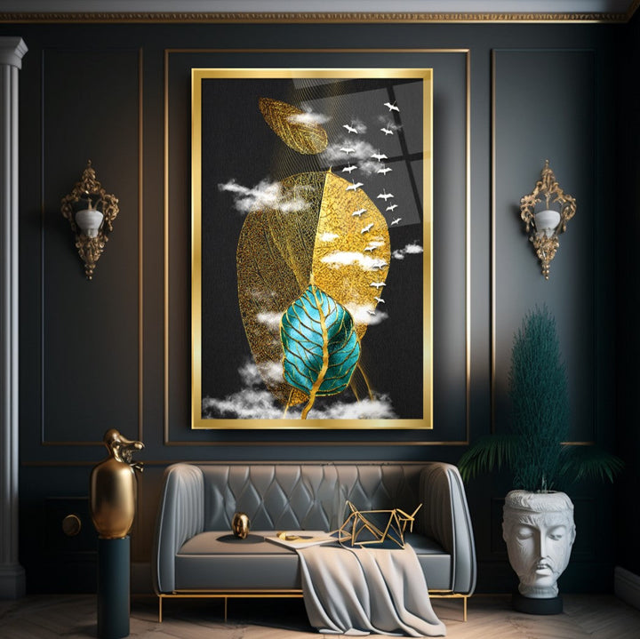 Gold Yapraklar Cam Tablo