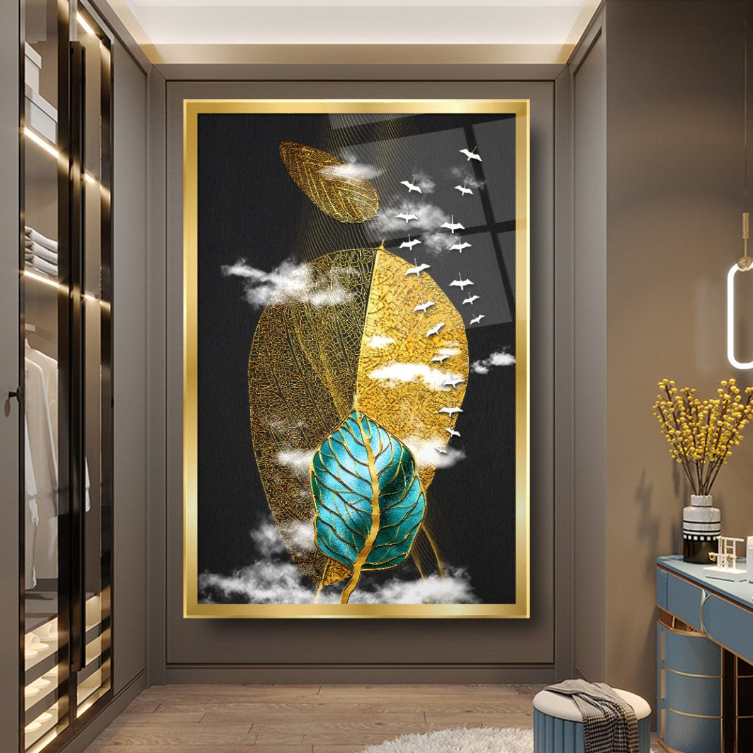 Gold Yapraklar Cam Tablo