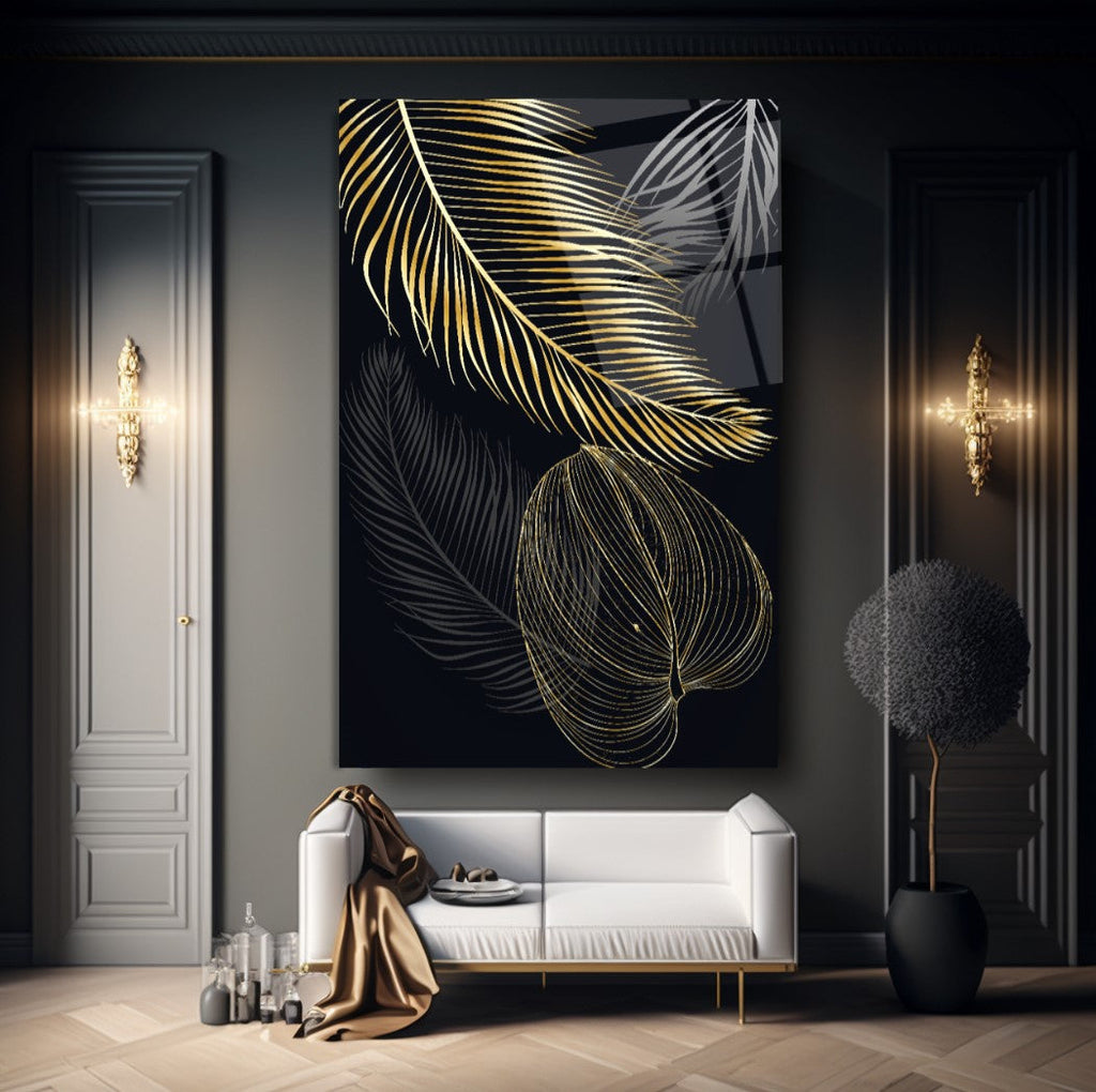 Gold Yapraklar Cam Tablo