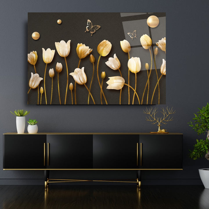 Gold Çiçekler Cam Tablo