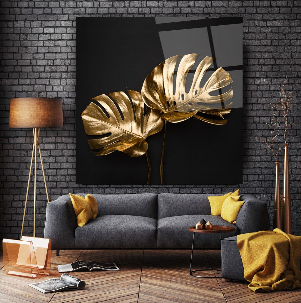 Gold Yapraklar Cam Tablo