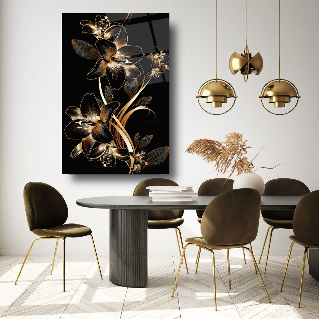 Gold Çiçek Cam Tablo