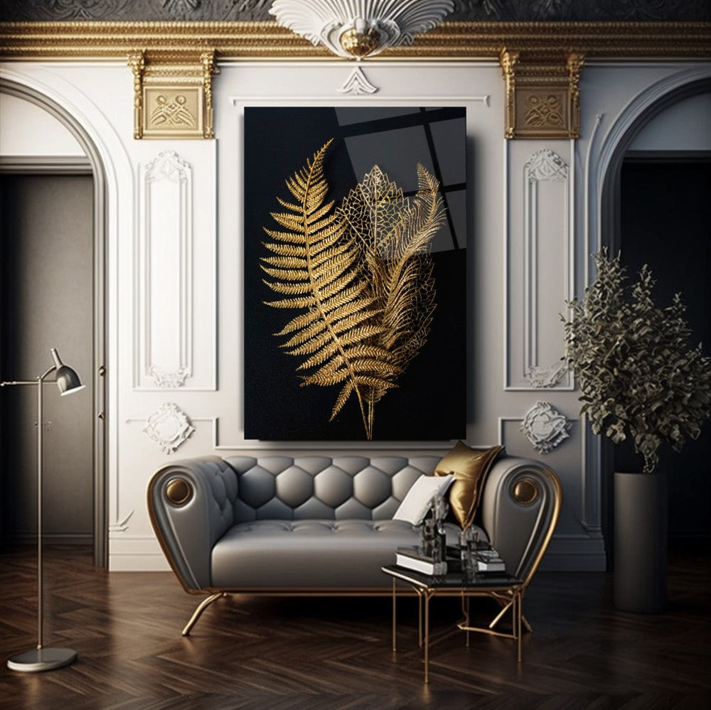 Gold Yapraklar Cam Tablo
