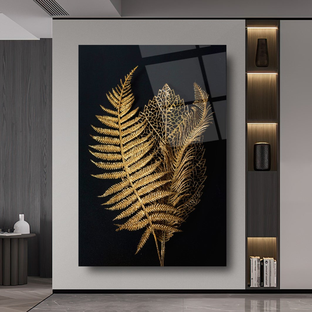 Gold Yapraklar Cam Tablo