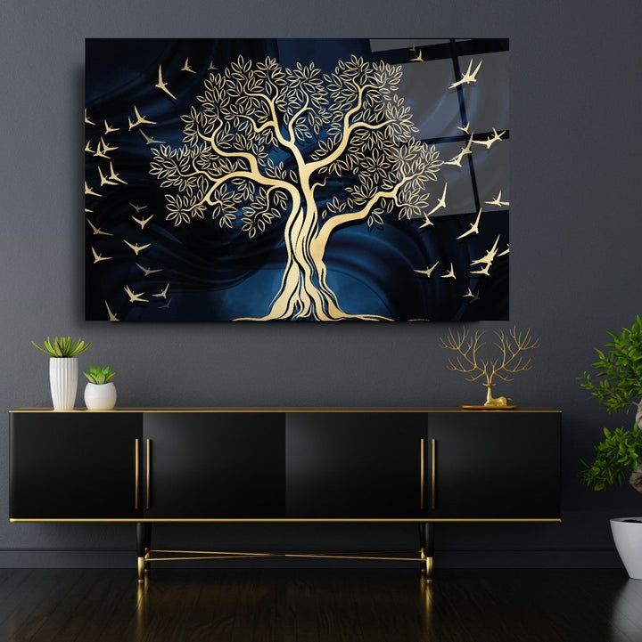 Gold Ağaç Cam Tablo