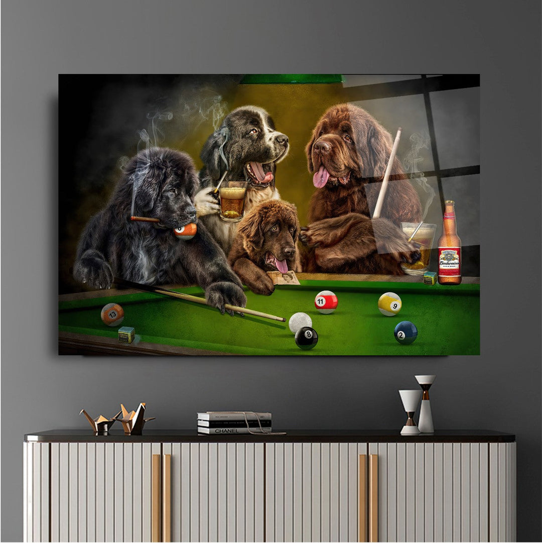 Bilardo ve Köpekler Cam Tablo