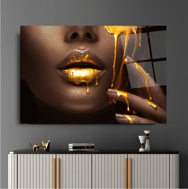 Gold Kadın Dudağı Cam Tablo