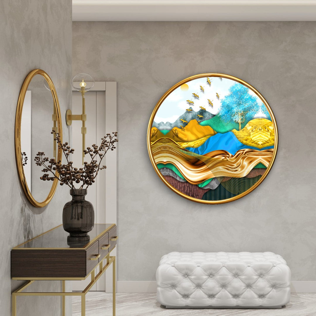 Gold Desenler Yuvarlak Cam Tablo