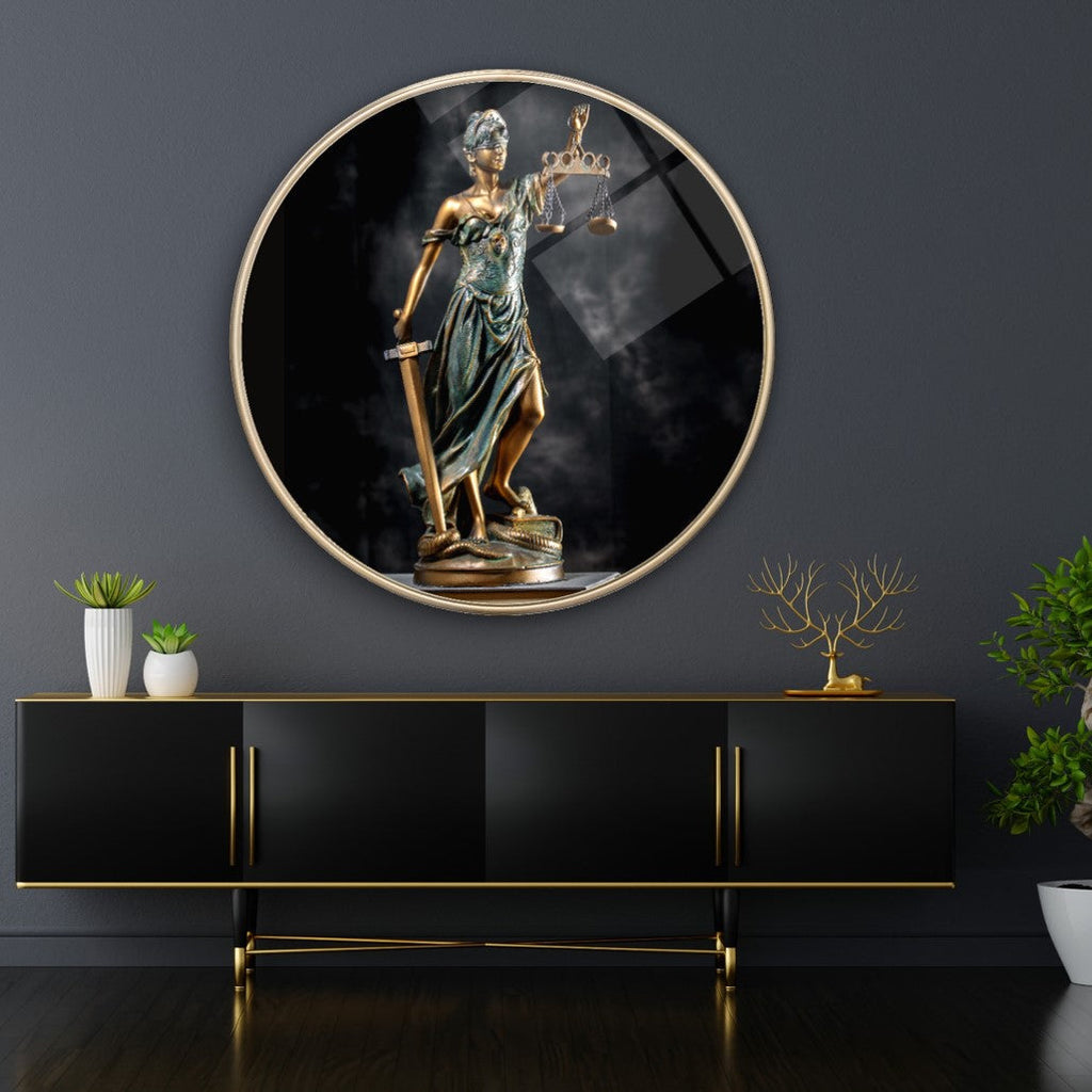 Themis Heykeli Yuvarlak Cam Tablo